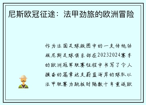尼斯欧冠征途:法甲劲旅的欧洲冒险