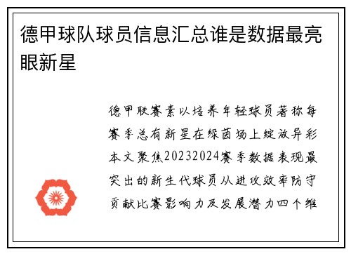 德甲球队球员信息汇总谁是数据最亮眼新星